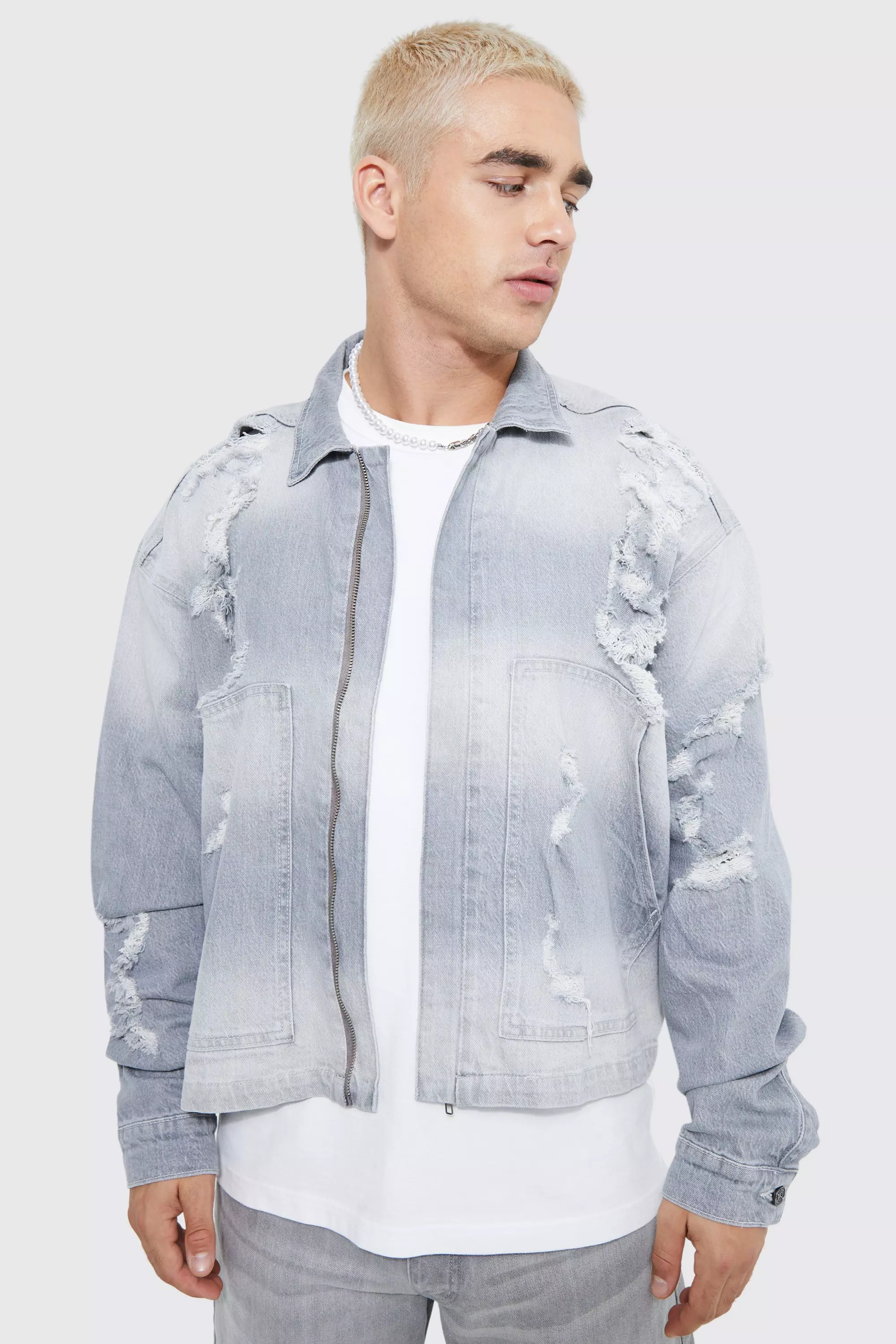 Oversized Boxy Fit Distressed Jean Jacket boohooMAN USA